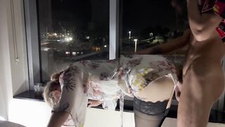 Screwing in the hotel window for anyone to watch. Ends in creampie!