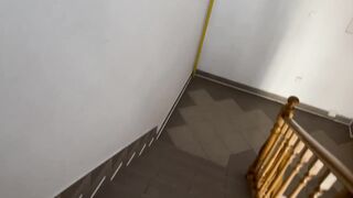 Jerk and cum on public staircase