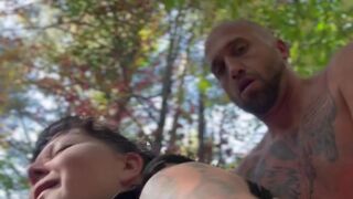 Riding the bull in the woods pounding vagina for double organisms