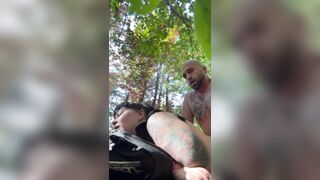 Riding the bull in the woods pounding vagina for double organisms