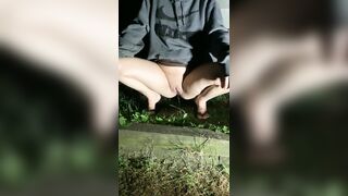 Angel in hoodie does squatting no panties void urine outside
