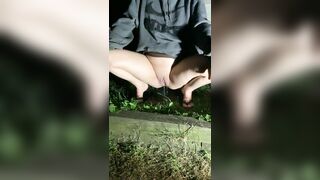 Angel in hoodie does squatting no panties void urine outside