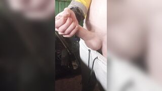 Dong jerking in a cold workshop