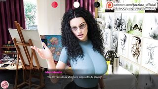 My breasty teacher is encouraged to suck my rod after seeing a massive dong in front of her - Jazziuu