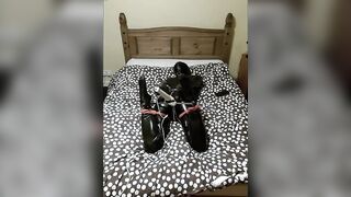 Latex clad selfbondage hogtied climax