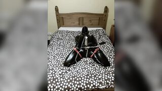 Latex clad selfbondage hogtied climax
