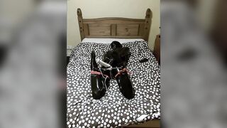 Latex clad selfbondage hogtied climax