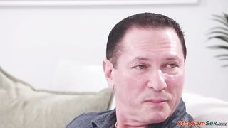 Stepdaughter Satine Summers needs her stepdad to aid her with anal.The tiny boobs teen rims his booty and after being facefucked shes anal reamed