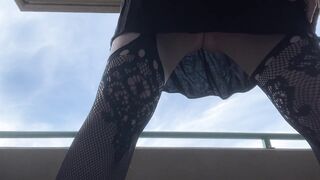 Gal tries to hold her pee in hot underware fishnets high heels omorashi peeing upskirt