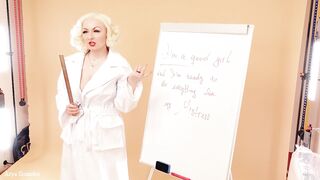 JOI wank instructions FOR GALS - FemDom POV backstage movie scene - fetish Headmistress in PVC Vinyl Coat