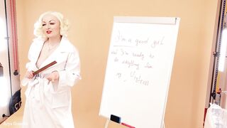 JOI wank instructions FOR GALS - FemDom POV backstage movie scene - fetish Headmistress in PVC Vinyl Coat