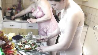 Aged mother I'd like to fuck and cute teenager virgin gal out of pants and brassiere in nylons in kitchen giving a kiss on lips