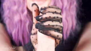 Intensive tugjob in transparent ebony lace gloves! This babe quickly jerks off his wang and enjoys large cum