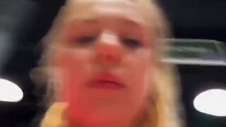 Squirting a lot and fingering pink twat in public