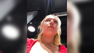 Squirting a lot and fingering pink twat in public