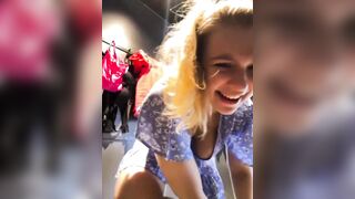 Squirting a lot and fingering pink twat in public