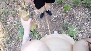 Latin chick stripped outdoors bangs a stranger with a jock extender in a forest