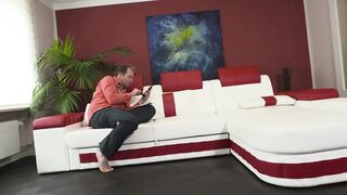 Hot tattooed golden-haired with petite melons sprayed on booty