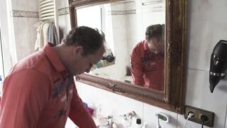 Hot tattooed golden-haired with petite melons sprayed on booty