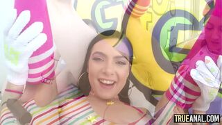 2 tiny brunettes have a fun a sloppy ATM 3some