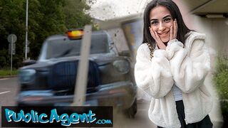 Public Agent small British Brunette hair Sucks and Screws after Almost Getting Run Over by a Runaway Taxi
