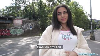 Public Agent small British Brunette hair Sucks and Screws after Almost Getting Run Over by a Runaway Taxi