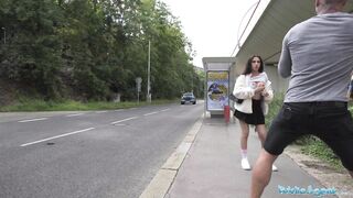 Public Agent small British Brunette hair Sucks and Screws after Almost Getting Run Over by a Runaway Taxi