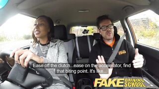 Fake Driving School nervous ebony filled up by her teacher in the car