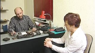 Old bitch sucks a biggest knob then rides it hard in the office