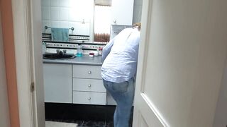 I begin touching myself in front of the maid's stepson so that guy can stroke