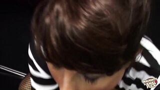 A brunette hair escapes from jail and engages in booty-ramming with a big rod at a pub.