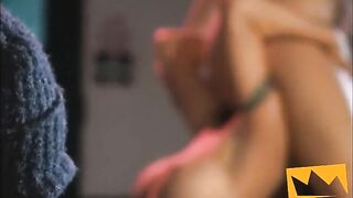 2 breasty strippers engage in hawt lesbo sex in front of their clients