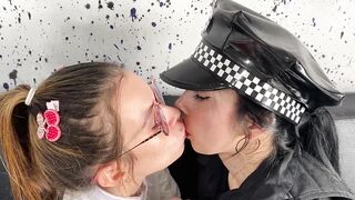 Concupiscent lesbo between a police officer and a carnal schoolgirl