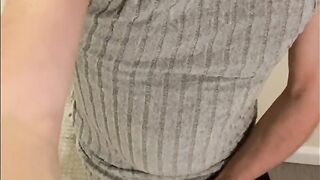 Sissy Crossdresser in constricted costume and haunch high nylons with jock sleeve sheath pants shows off and sucks on a large sex toy