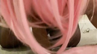 Sissy Crossdresser in constricted costume and haunch high nylons with jock sleeve sheath pants shows off and sucks on a large sex toy