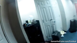 Behind the scenes enjoyment with breasty golden-haired Samantha Saint