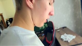 A stepfather and his breasty floozy took his stepson's virginity.