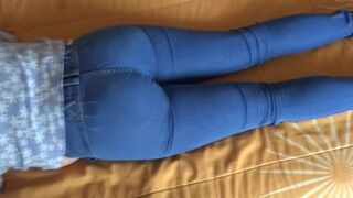 Stepson mother and enjoys his large booty in jean, masturbates and cums on her bazookas