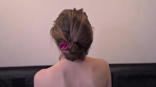 Bound up wench Lily Corinth gets anal beads, puppy tail, and dong in anal opening [oiled, cum on hose]