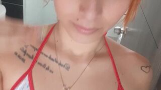 sexy gal makes movie scene in her home washroom.