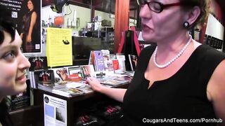 mother I'd like to fuck in glasses plays with her stepdaughter's snatch in the shop