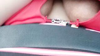 Flashing my large titties on the freeway