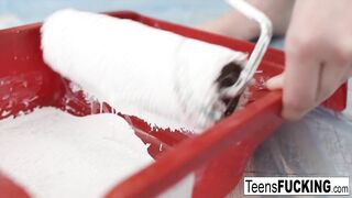 Golden-haired teen needs some aid painting the abode