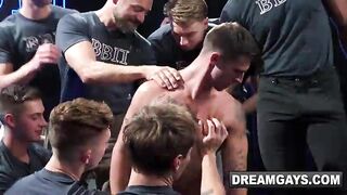 HOLY SCREW! What a excellent homo gangbang scene! One frat homo gets sufficiently cum planted inside him to populate half the planet!