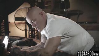 Large tits curvy Latin babe teen gets pounded by a large dong mechanic in his garage