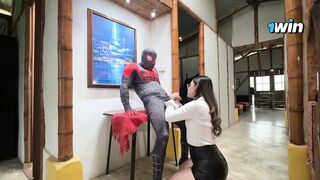 Mary Jane gets sexually excited and imagines her beloved superhero permeating her until this guy cums on her boobs.
