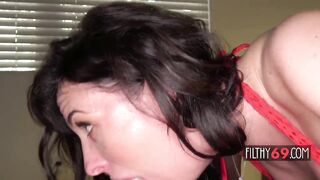 Concupiscent sweetheart sliders her boyfriend's shlong right between her large natural bazookas