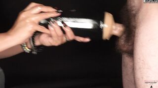 My stepsister is my toy holder so i can screw this cunt shaped toy and cum inside. Cum on hands.