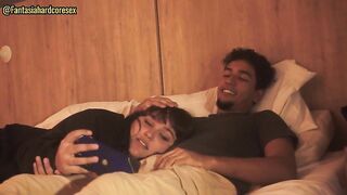 My stepsister lies down on my lap and lets me put my rod in her throat