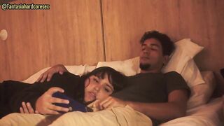 My stepsister lies down on my lap and lets me put my rod in her throat